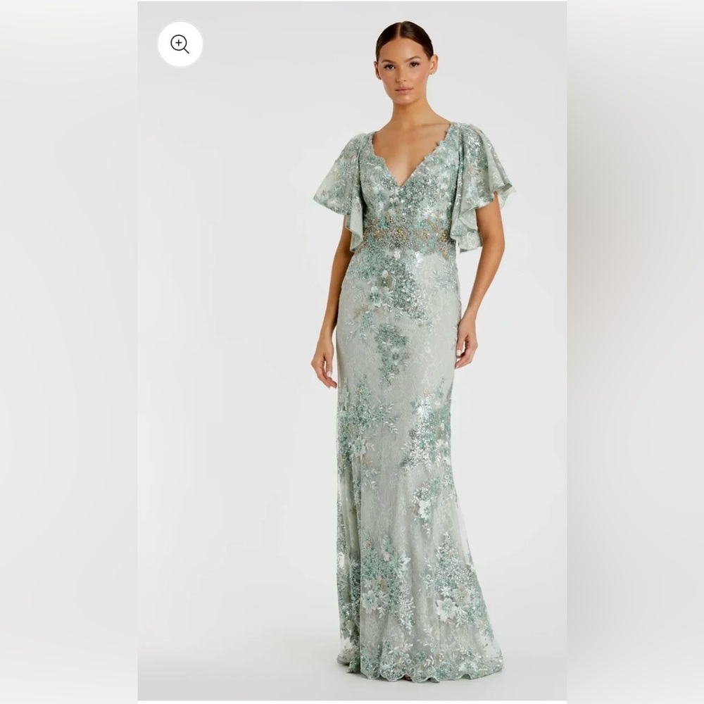 Green Bell Sleeve Floral Embellished Gown